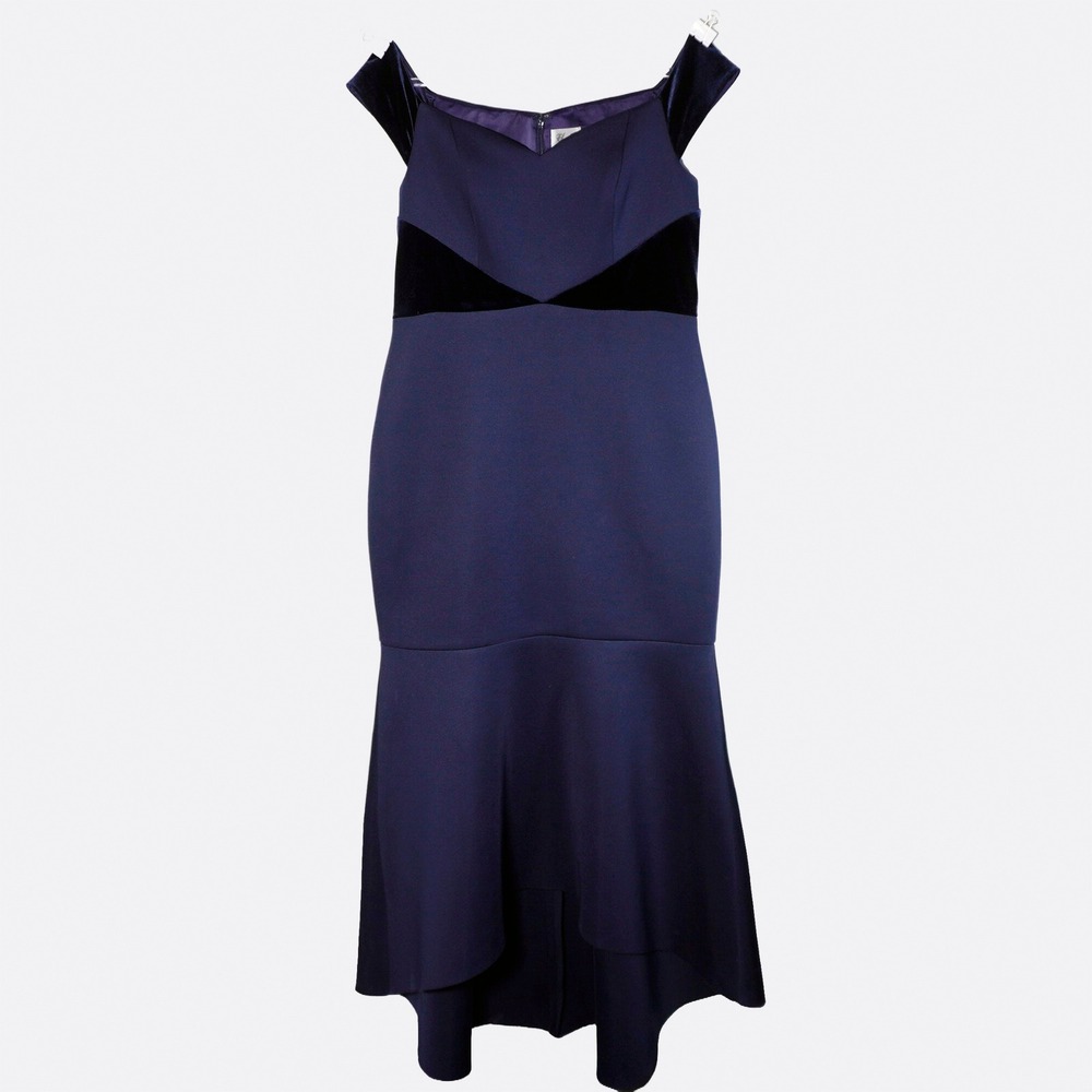 Eliza J Scuba Mermaid Gown Velvet Trim Navy Hourglass High Low Dress 14P 0X L - Picture 2 of 10